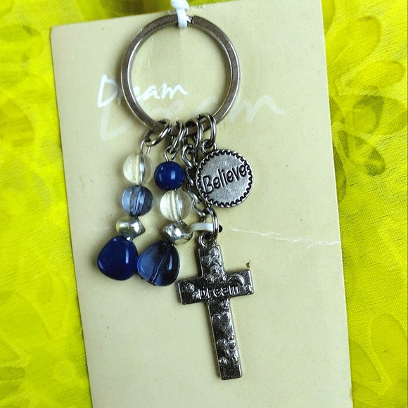 NWT Dream silver tone cross keychain with blue polished stones - Picture 4 of 4